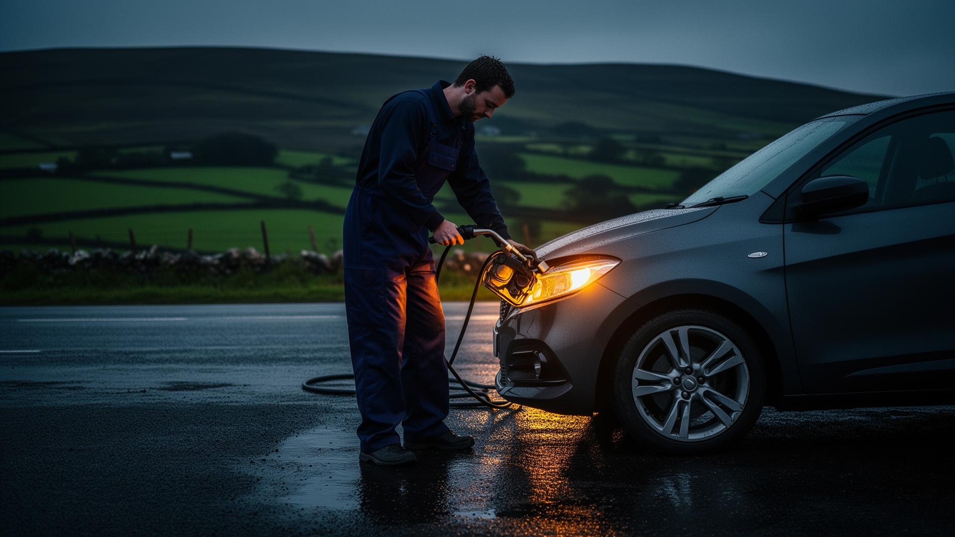 Mechanic draining wrong-fuelled car at roadside in Ireland
